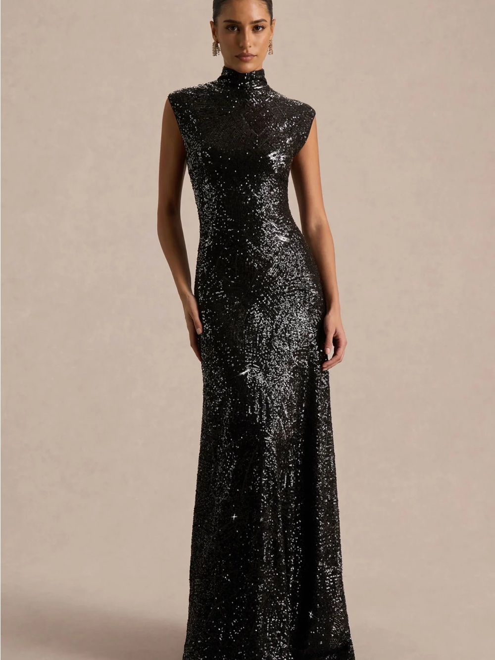 Club L - CECY
Black Sequin High-Neck Maxi Dress With Cap Sleeves